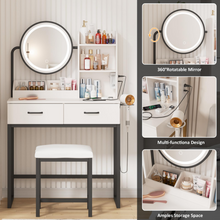 Naložite sliko v pregledovalnik galerije, Elegantna bela toaletna miza z LED ogledalom, predali in tabujem
