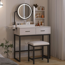 Naložite sliko v pregledovalnik galerije, Elegantna bela toaletna miza z LED ogledalom, predali in tabujem
