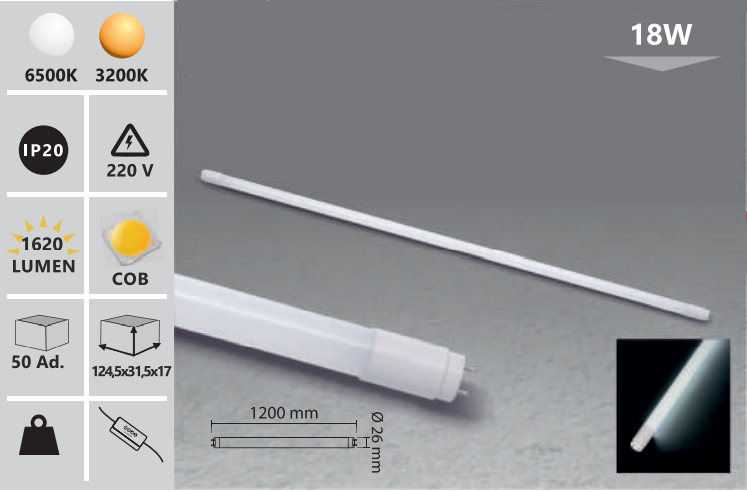 Led cev 6500 k bela 120 cm 18W